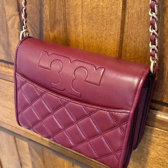 Tory Burch Savannah Comb Burgundy Quilted Crossbody Bag